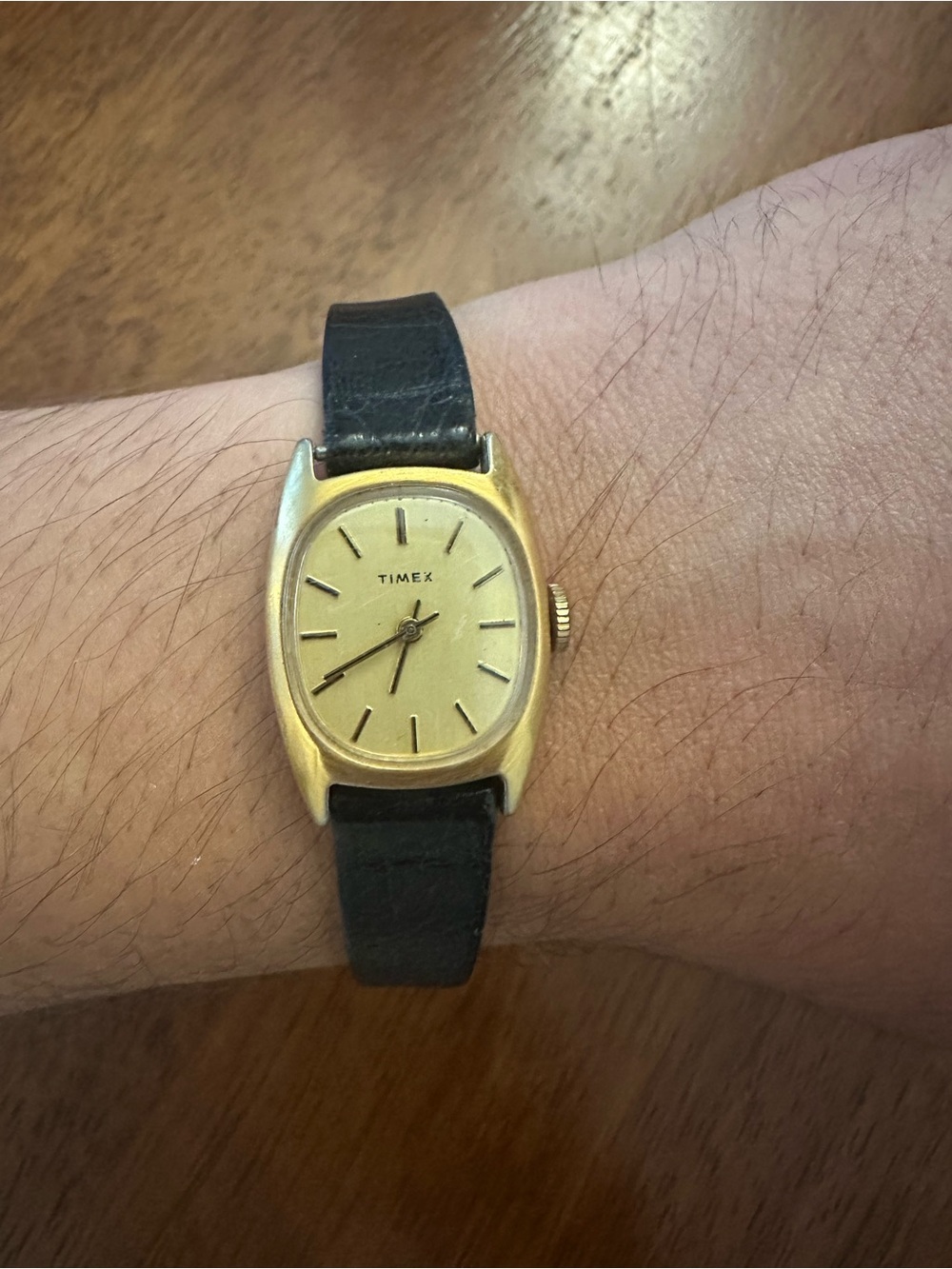 Vintage Timex Women's Gold Tone Tank Analog Watch with Black Leather Strap